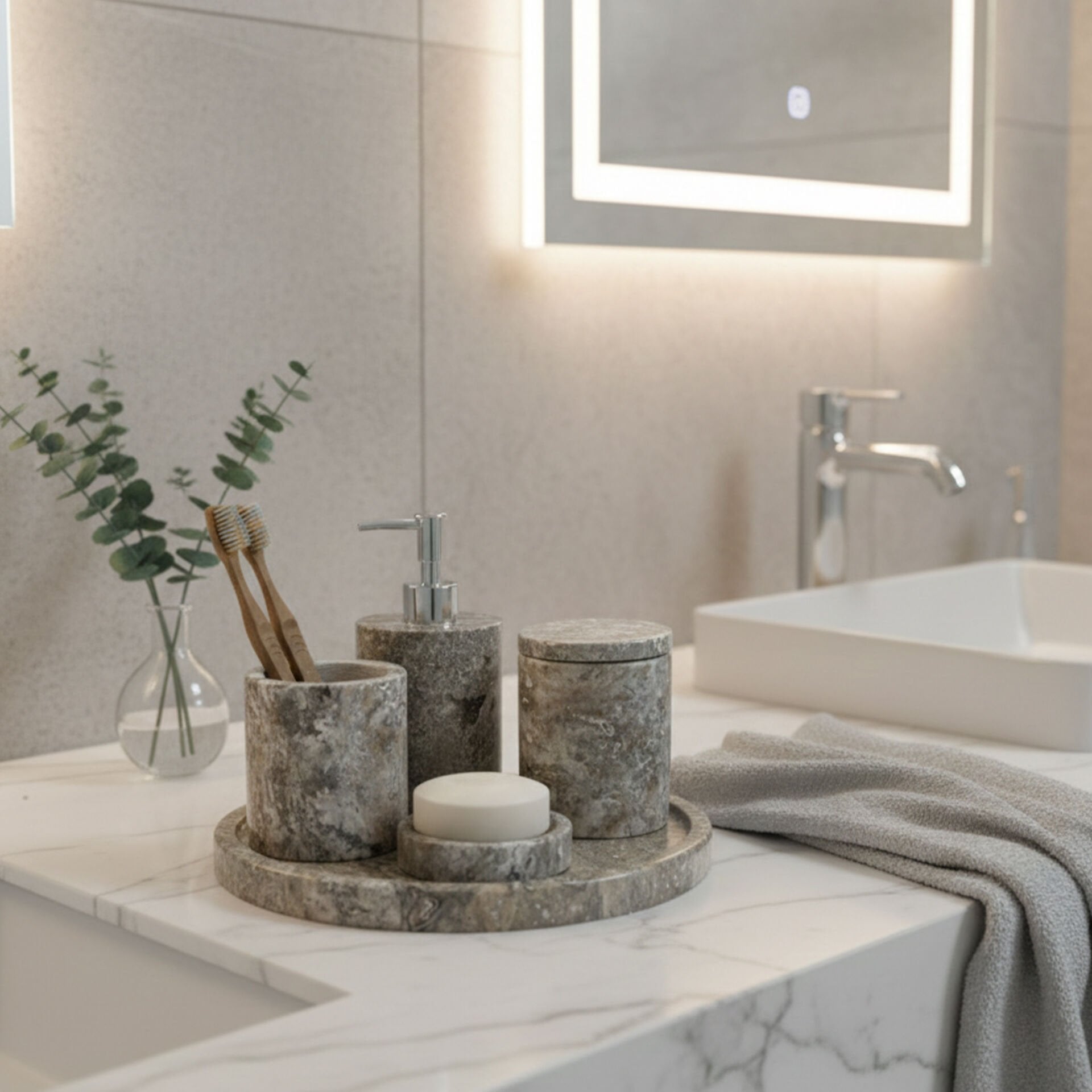 Traverten Mermer Banyo Seti 5’li