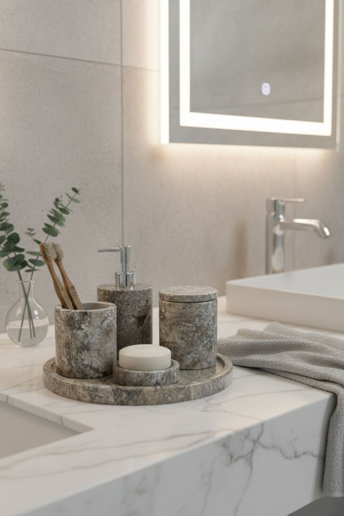Traverten Mermer Banyo Seti 5’li Silver Travertine