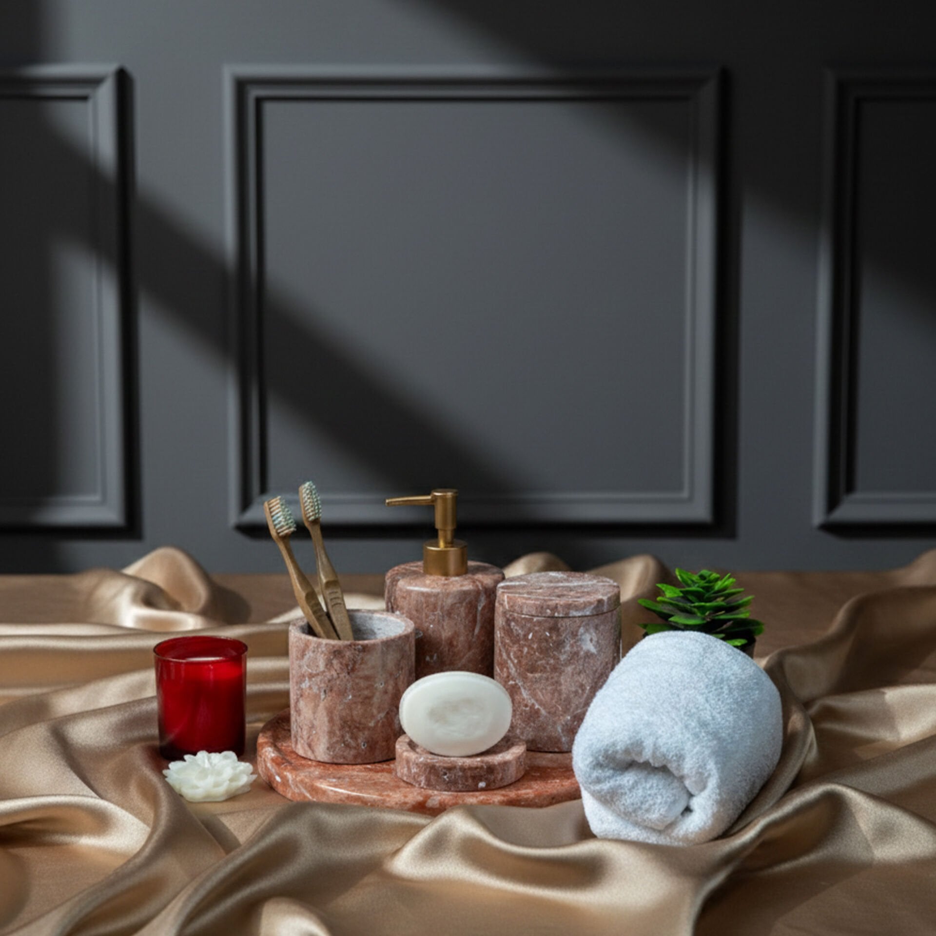 Traverten Mermer Banyo Seti 5’li  - Flamingo Pink