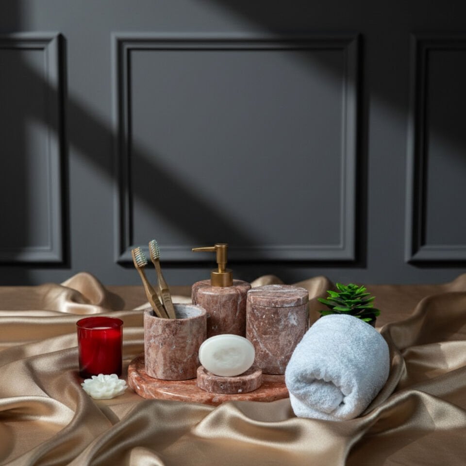 Traverten Mermer Banyo Seti 5’li  - Flamingo Pink
