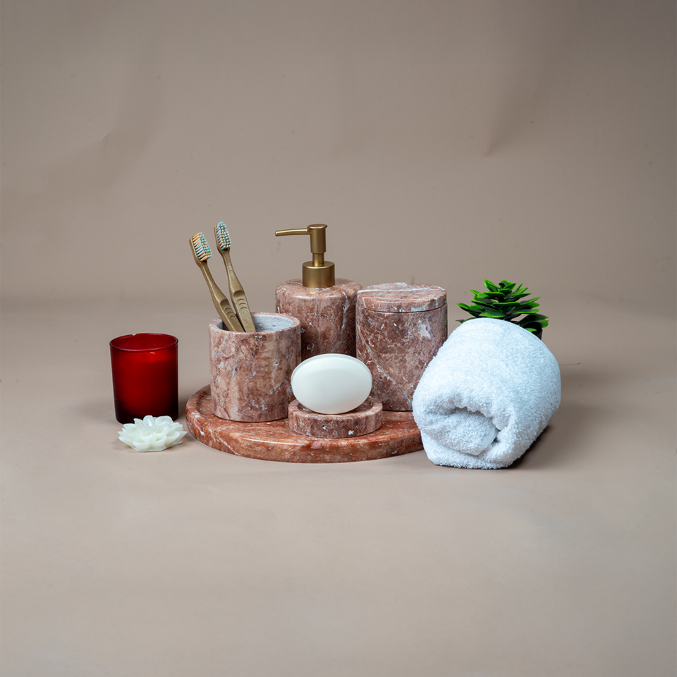 Traverten Mermer Banyo Seti 5’li  - Flamingo Pink