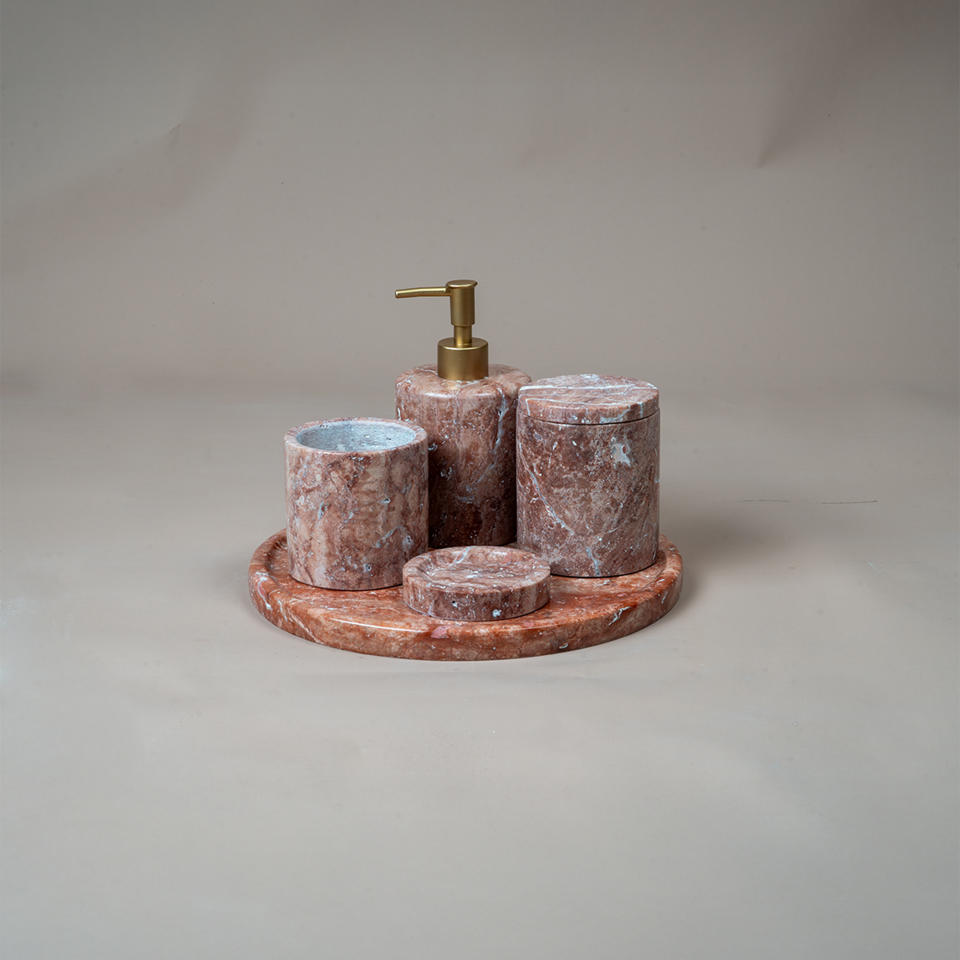 Traverten Mermer Banyo Seti 5’li  - Flamingo Pink