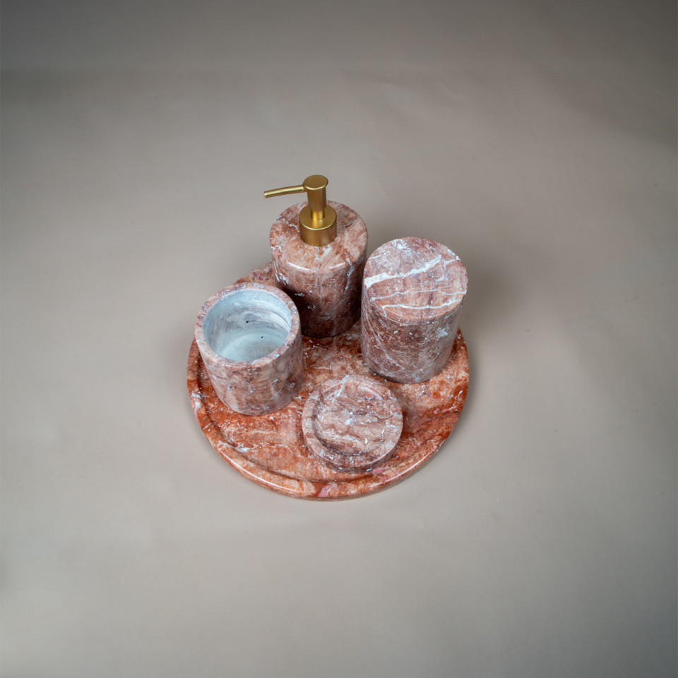 Traverten Mermer Banyo Seti 5’li  - Flamingo Pink