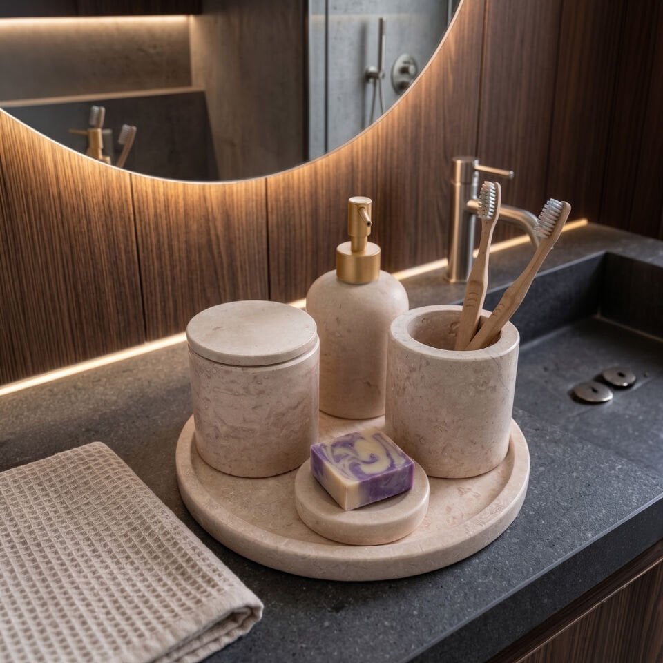 Traverten Mermer Banyo Seti 5’li – El Yapımı Doğal Taş Banyo Aksesuar ve Dekorasyon Seti