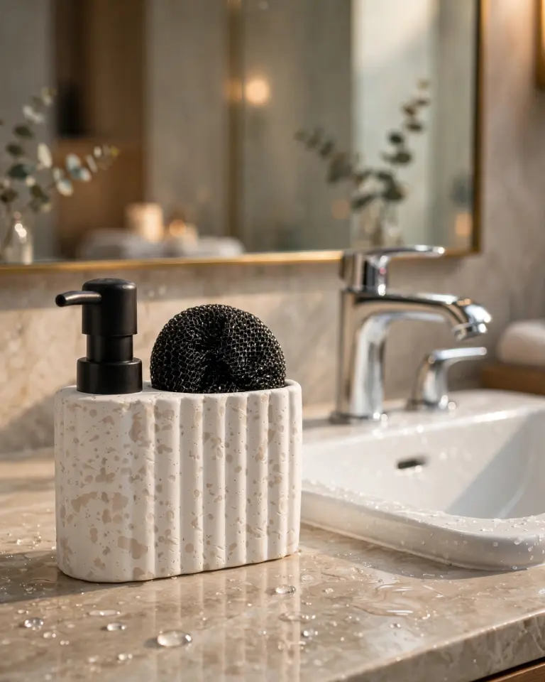 Travertine Dokulu Seramik Süngerli Sabunluk Beyaz