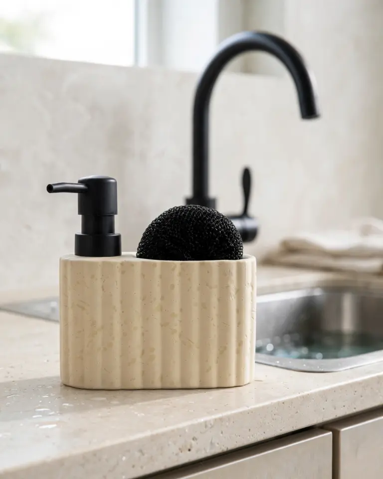 Travertine Dokulu Seramik Süngerli Sabunluk Ekru