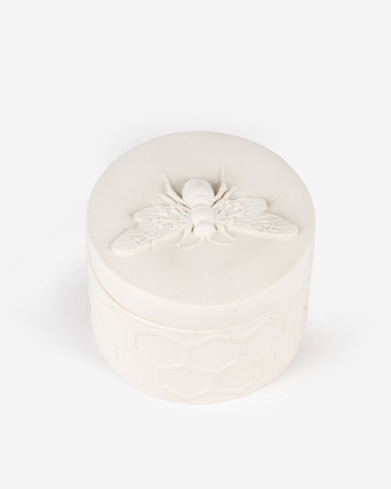 Honeycomb Seramik Petek Dokulu Kapaklı Mücevher Kutusu Ekru (8x6 cm)